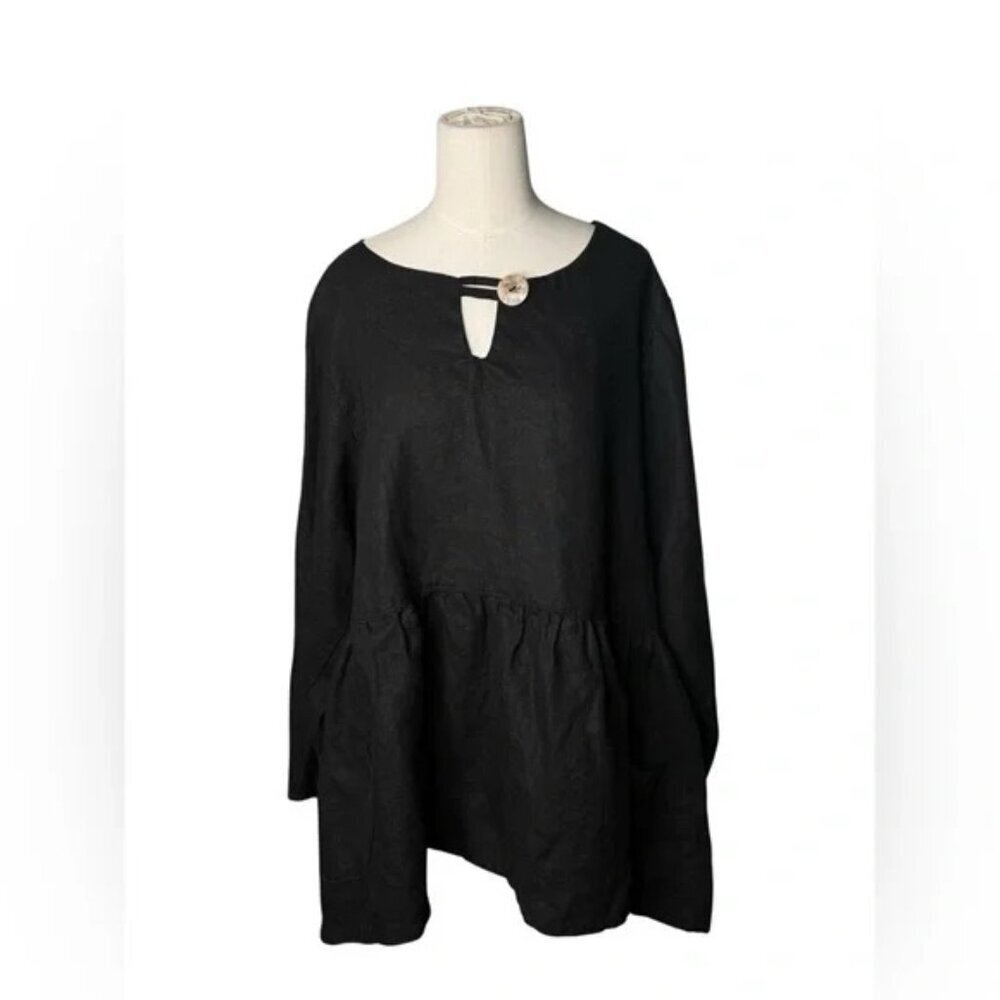 HEART DESIRE Robin 100% Linen Black Long Sleeve Blouse in XL - Picture 2 of 9